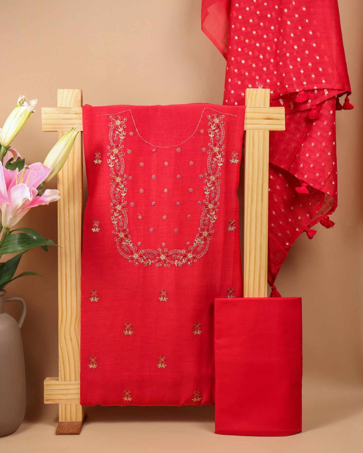Pure Chanderi Red Yoke Emb Suit Piece