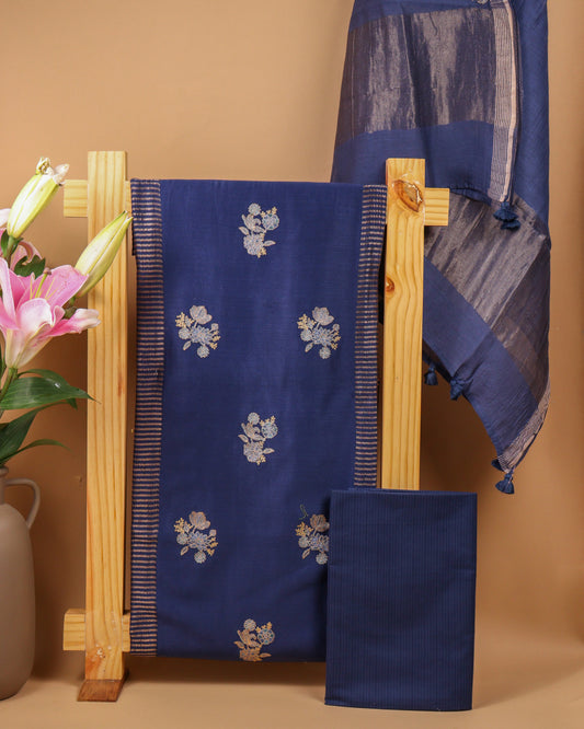 Pure Chanderi Blue Zari Stripes Suit Piece