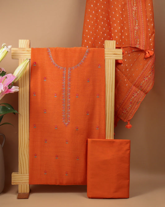 Pure Chanderi Orange Neck Emb Suit Piece