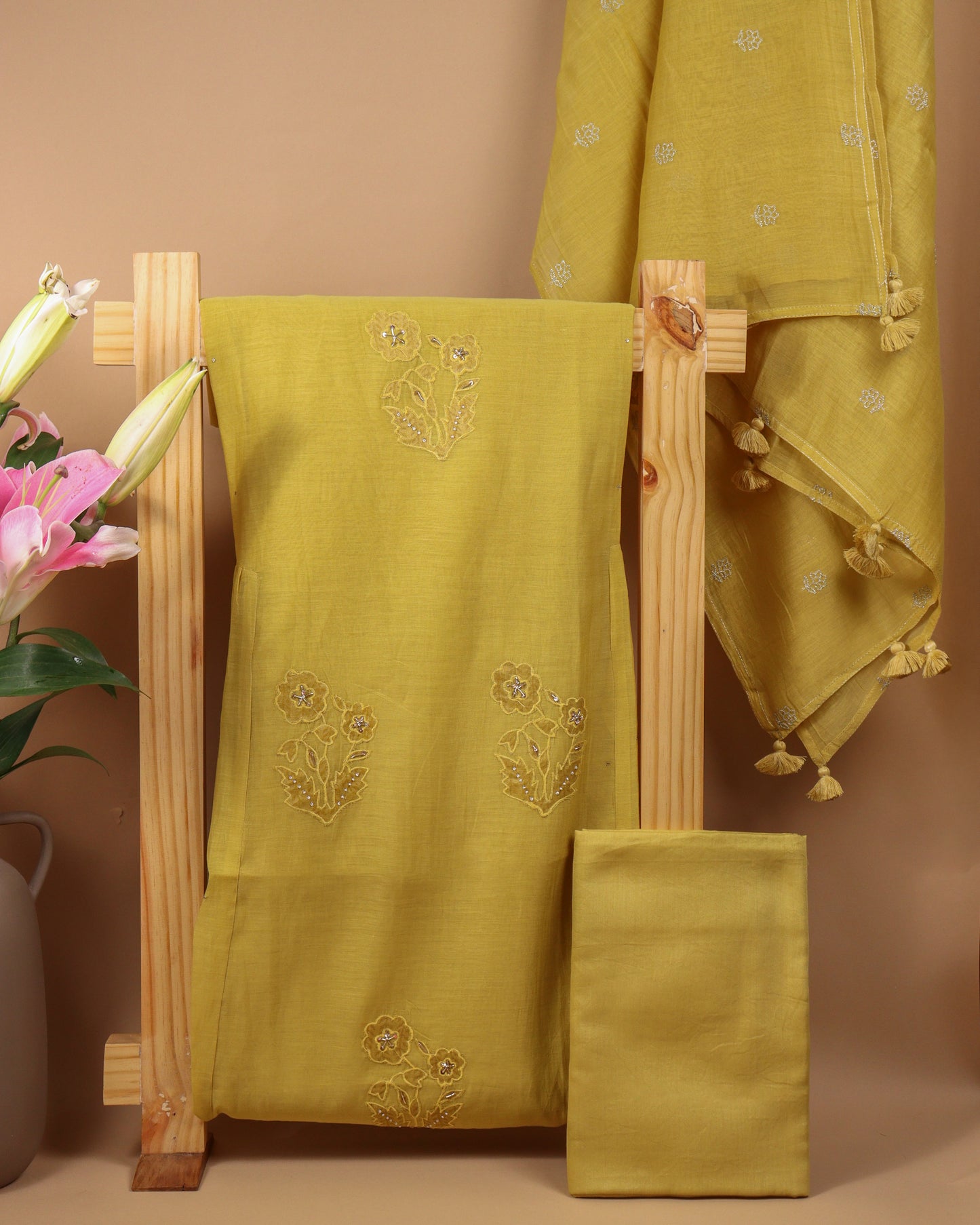 Pure Chanderi Yellow Applique Suit Piece