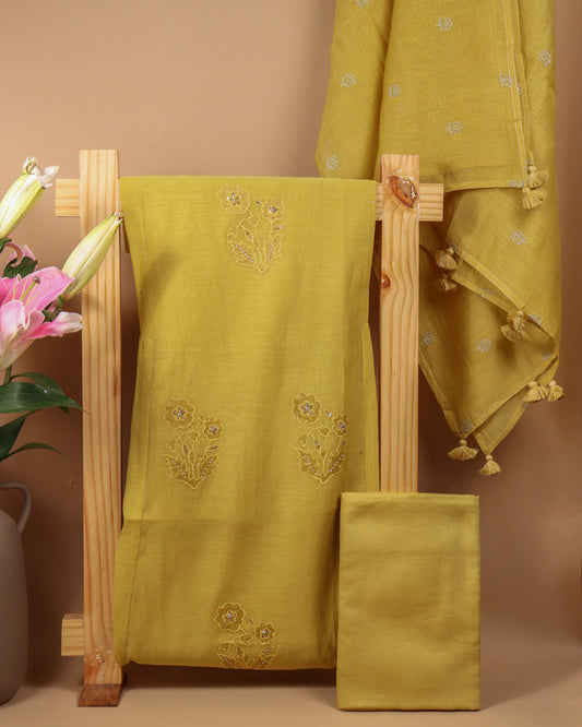 Pure Chanderi Yellow Applique Suit Piece
