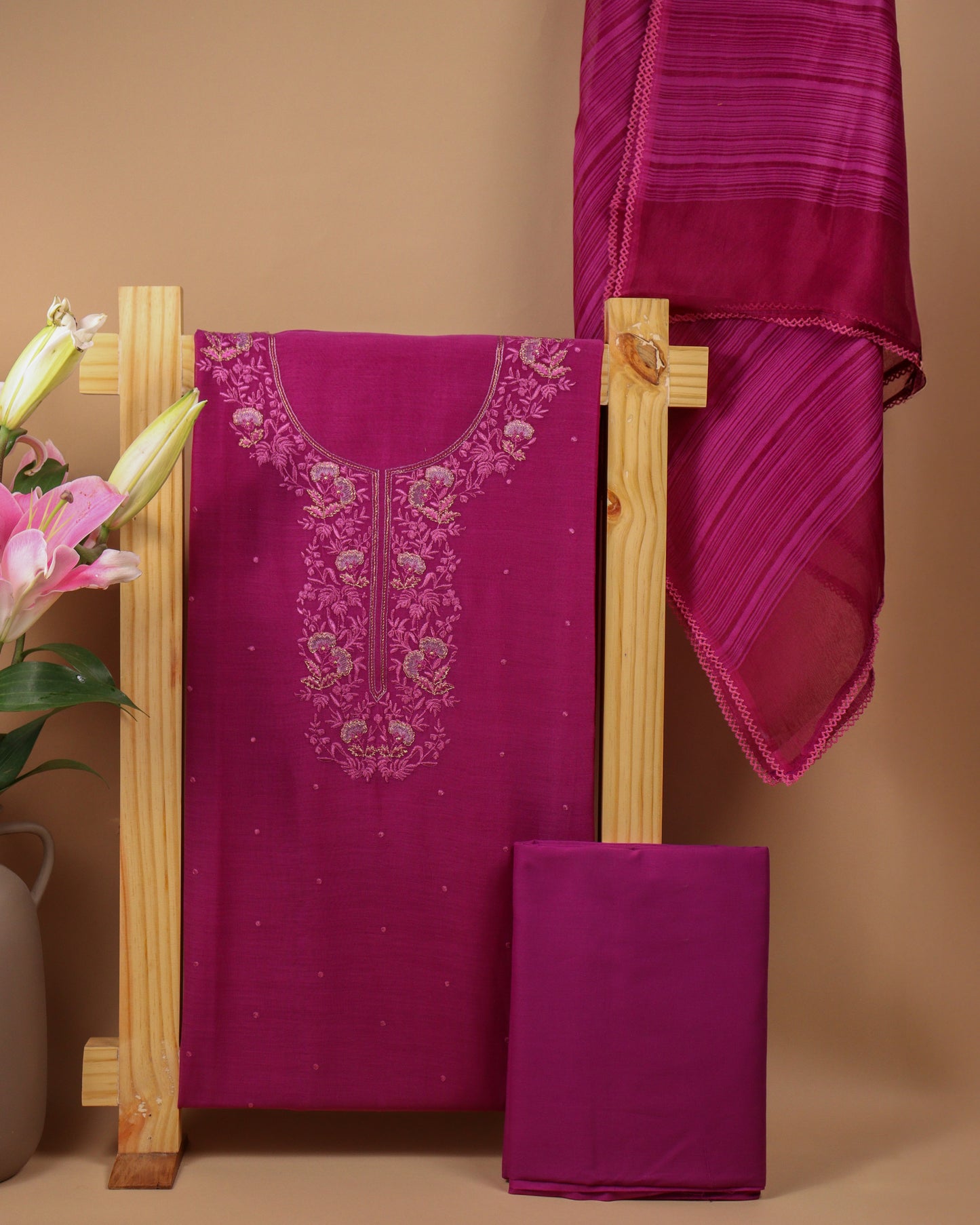 Pure Chanderi Purple Neck Jaal Emb Suit Piece