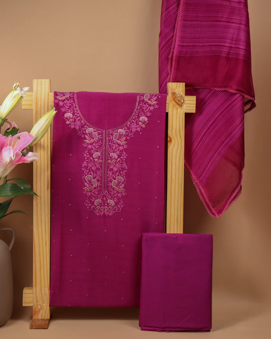 Pure Chanderi Purple Neck Jaal Emb Suit Piece