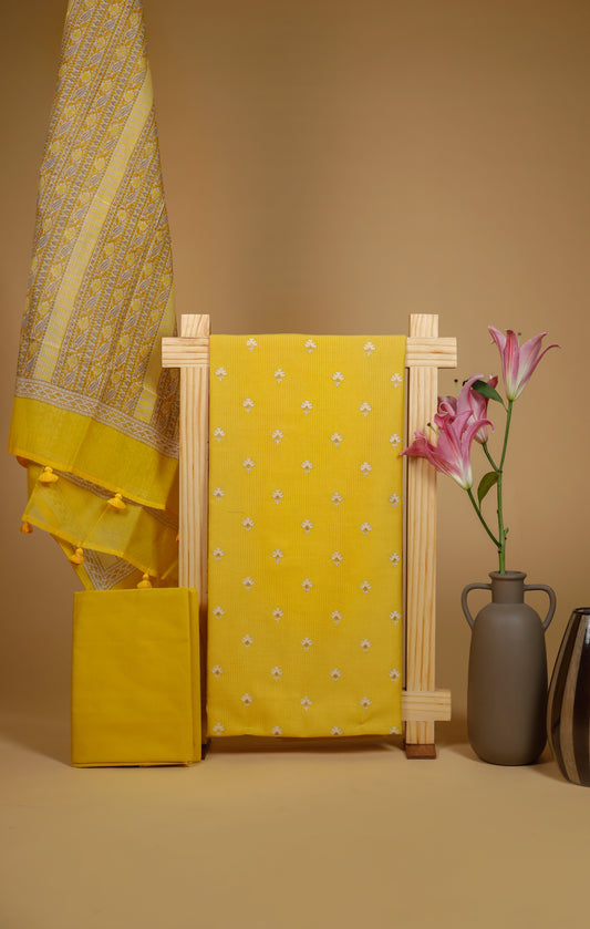 Pure Chanderi Resham Stripe Embroidered Suit Piece - Yellow