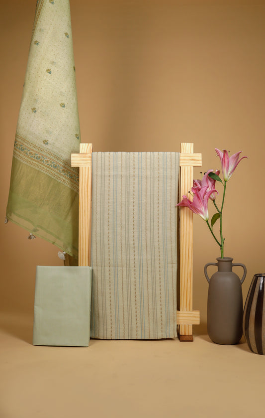 Pure Mul Chanderi Embroidered Suit Piece - Light Green