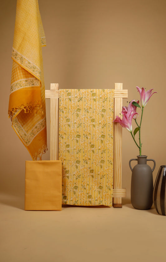 Pure Chanderi Block Printed Suit Piece - Mustard Yellow