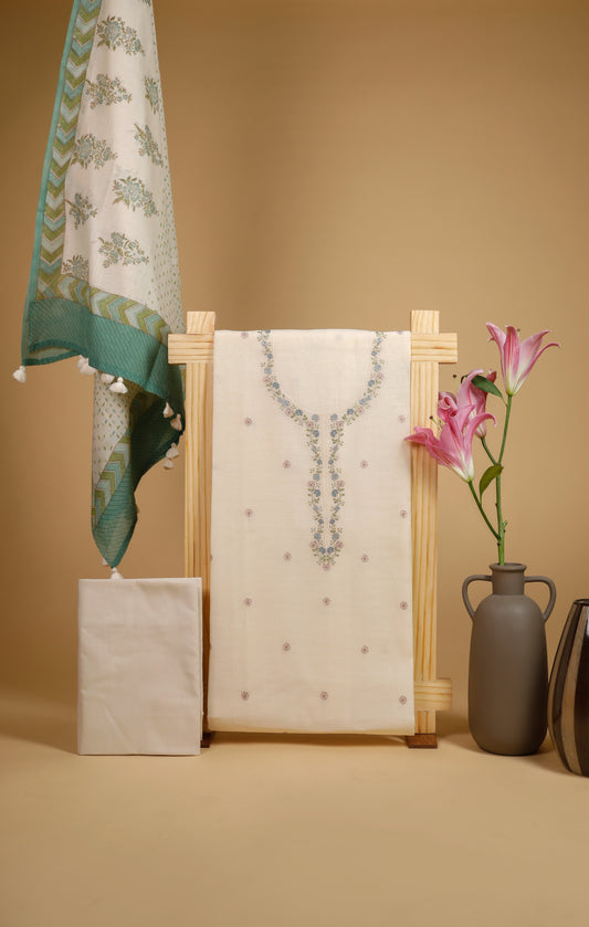 Pure Mul Chanderi Offwhite Neck Embroidered Suit Set - Firozi