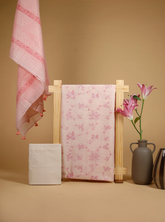 Pure Mul Chanderi Block Printed & Embroidered Pink Suit Piece