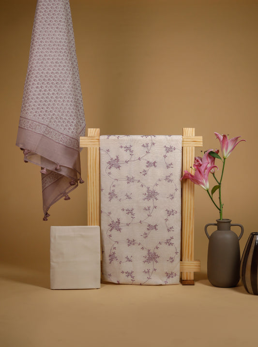 Pure Mul Chanderi Block Printed & Embroidered Purple Suit Piece