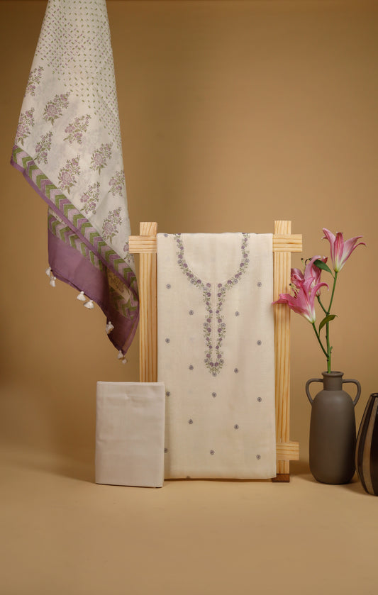 Pure Mul Chanderi Offwhite Neck Embroidered Suit Set - Purple