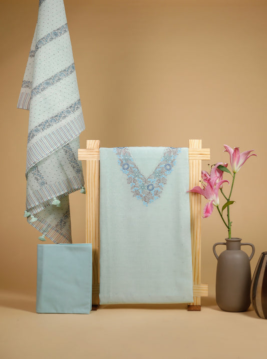 Pure Mul Chanderi Embroidered & Printed Aqua Suit Piece