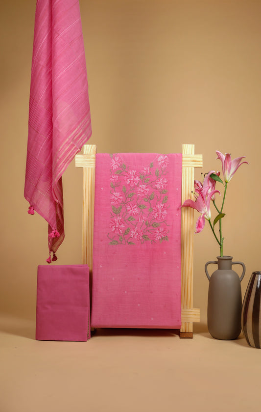 Pure Mul Chanderi Yoke Embroidery Suit Piece - Pink