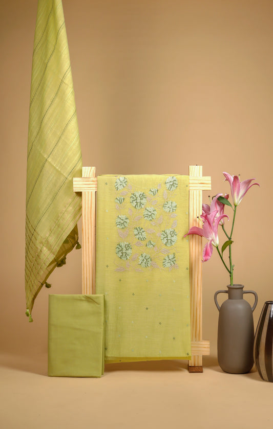 Pure Mul Chanderi Yoke Embroidery Suit Piece - Lime Green