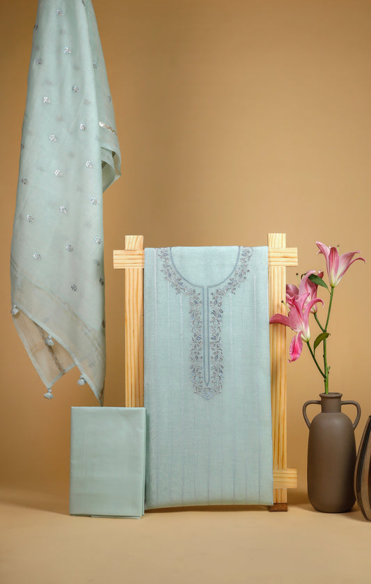 Pure Mul Chanderi Neck Embroidered Suit Piece - Blue