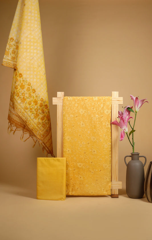 Pure Mul Chanderi All Over Embroidered Suit Piece - Yellow