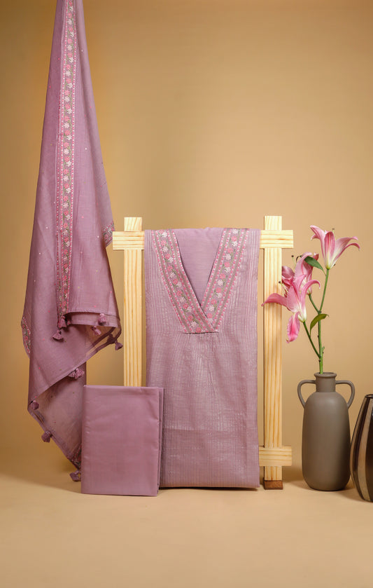 Pure Zari Stripe Mul Chanderi Neck Embroidery Suit Set - Purple