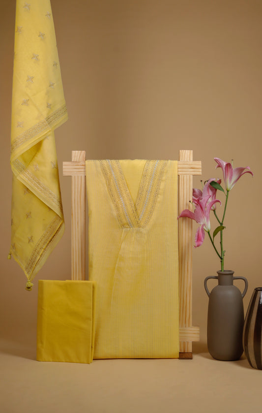 Pure Zari Stripe Mul Chanderi Neck Embroidery Suit Piece - Yellow