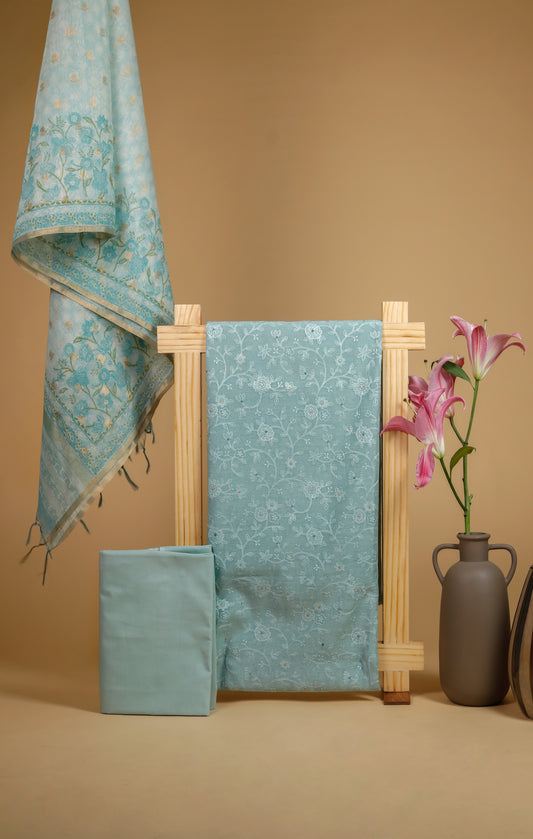 Pure Mul Chanderi All Over Embroidered Suit Set - Blue