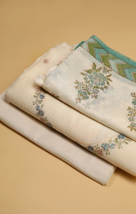 Pure Mul Chanderi Offwhite Neck Embroidered Suit Set - Firozi