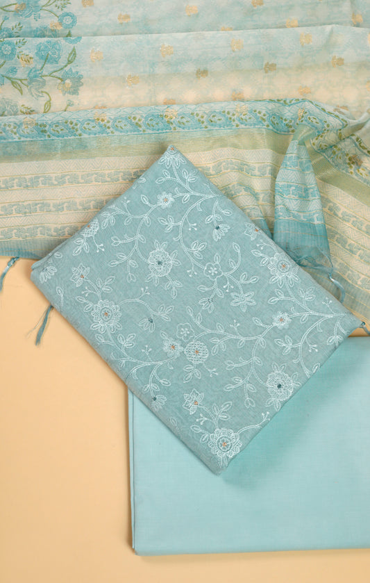 Pure Mul Chanderi All Over Embroidered Suit Set - Blue