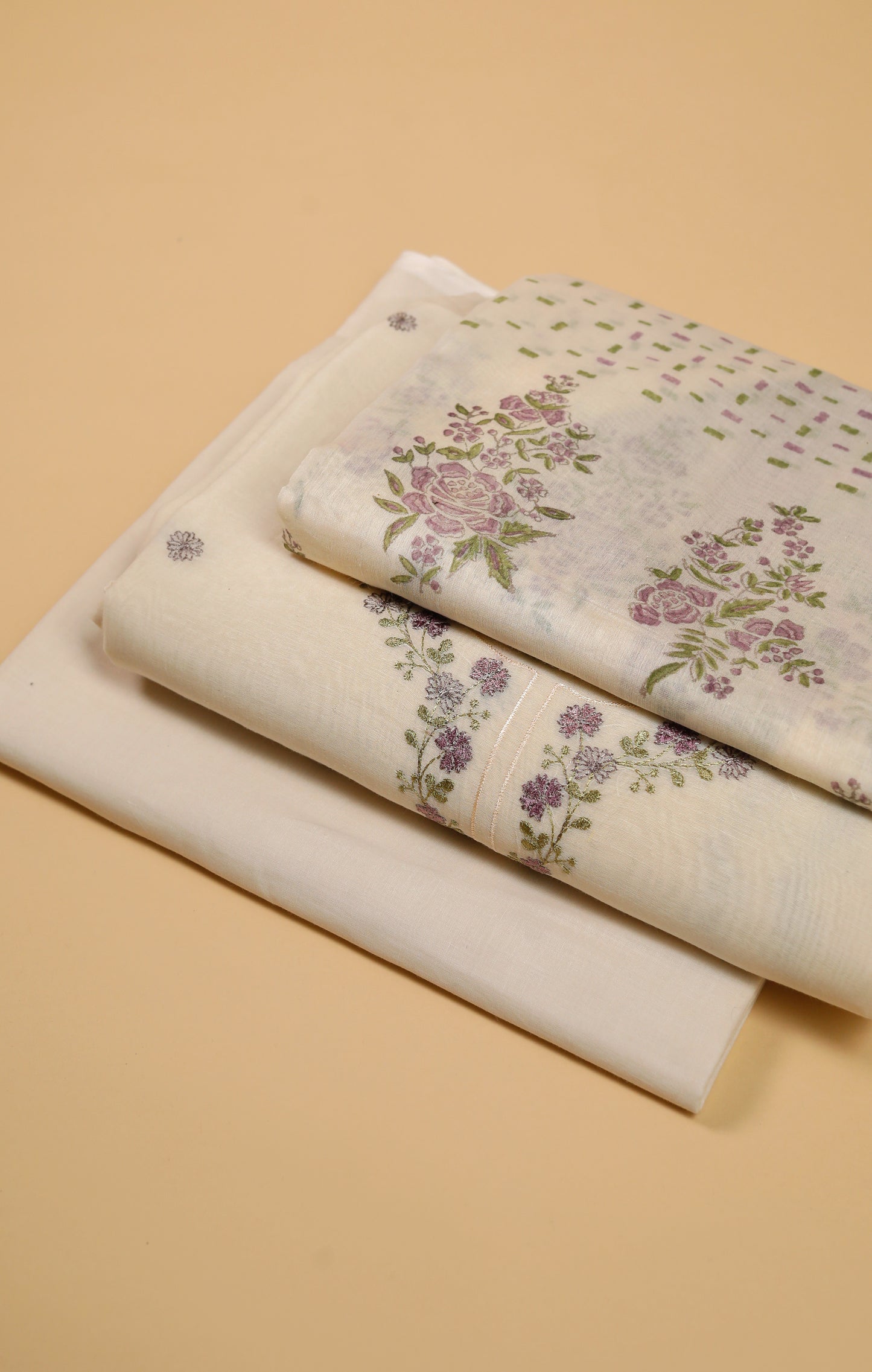 Pure Mul Chanderi Offwhite Neck Embroidered Suit Set - Purple