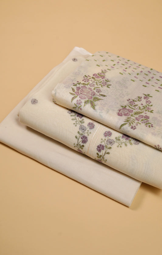 Pure Mul Chanderi Offwhite Neck Embroidered Suit Set - Purple