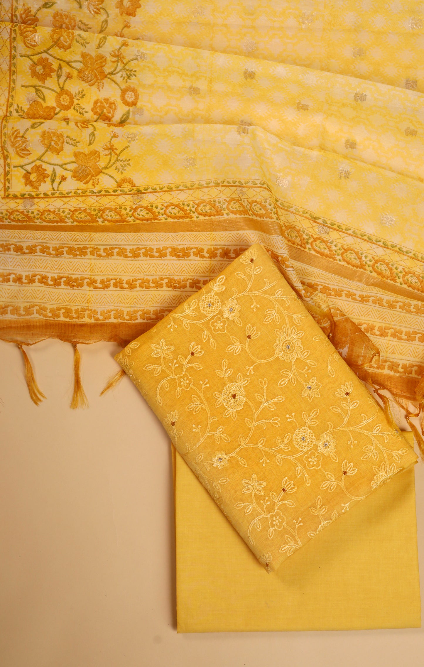Pure Mul Chanderi All Over Embroidered Suit Piece - Yellow