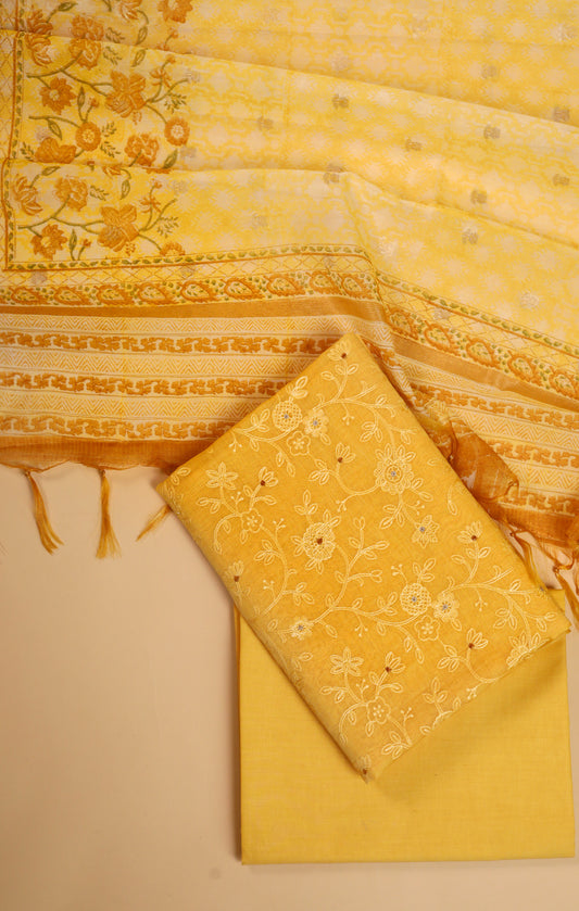 Pure Mul Chanderi All Over Embroidered Suit Piece - Yellow