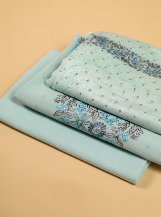 Pure Mul Chanderi Embroidered & Printed Aqua Suit Piece