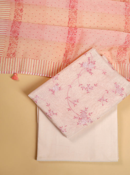 Pure Mul Chanderi Block Printed & Embroidered Pink Suit Piece