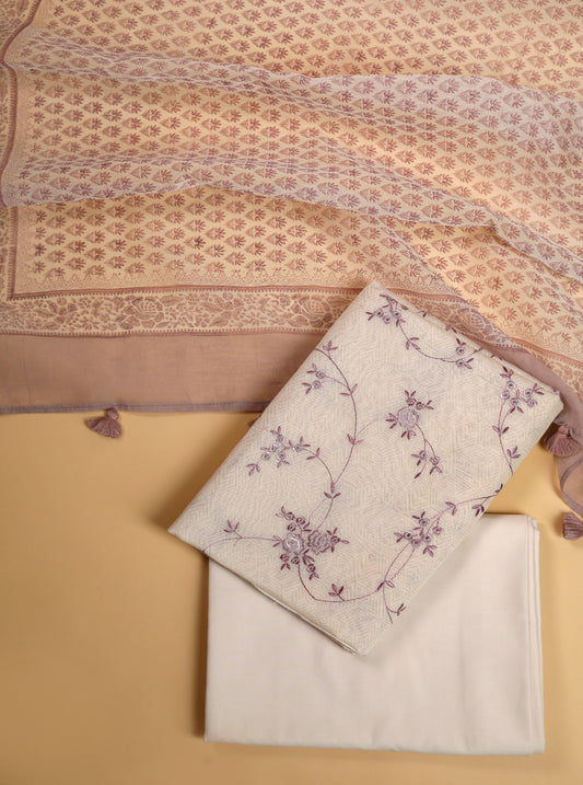 Pure Mul Chanderi Block Printed & Embroidered Purple Suit Piece