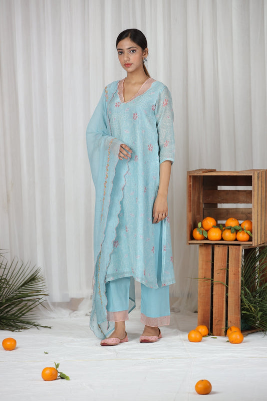 Neelam Embroidered Neck Kurta Set - Light Blue (RTS)