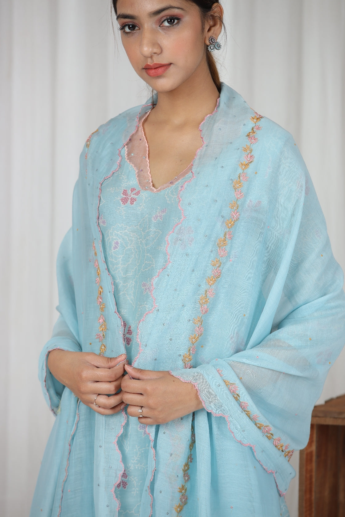 Neelam Embroidered Neck Kurta Set - Light Blue (RTS)