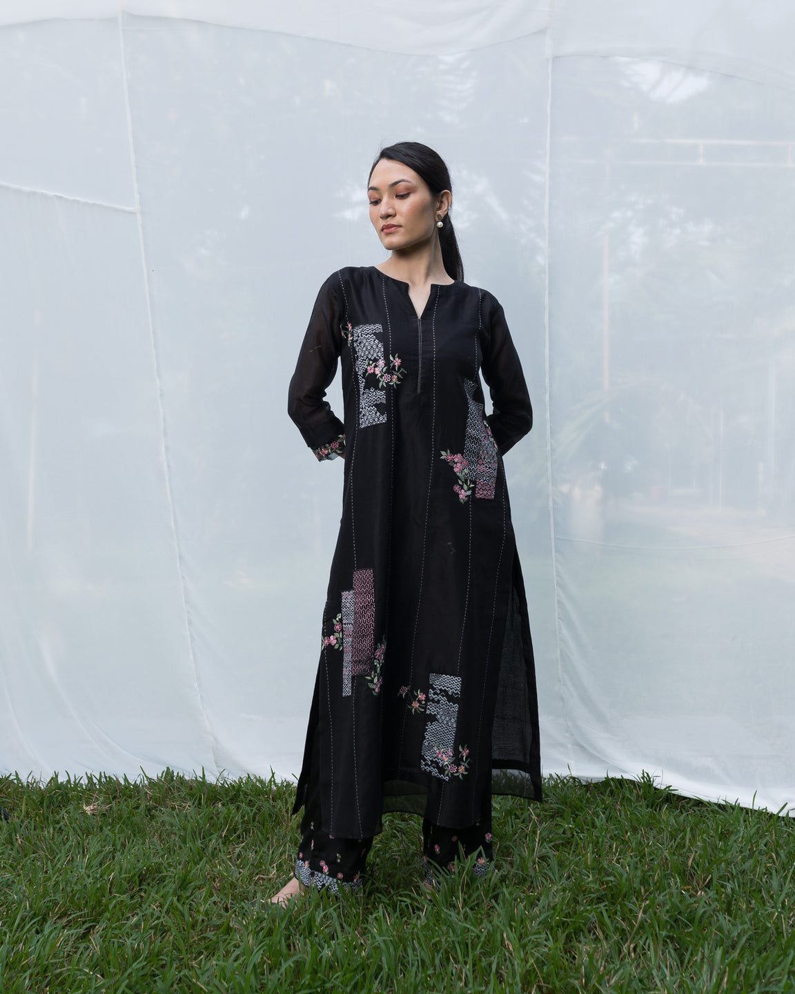 Patchwork Embroidery Kurta Set - Black (RTS)