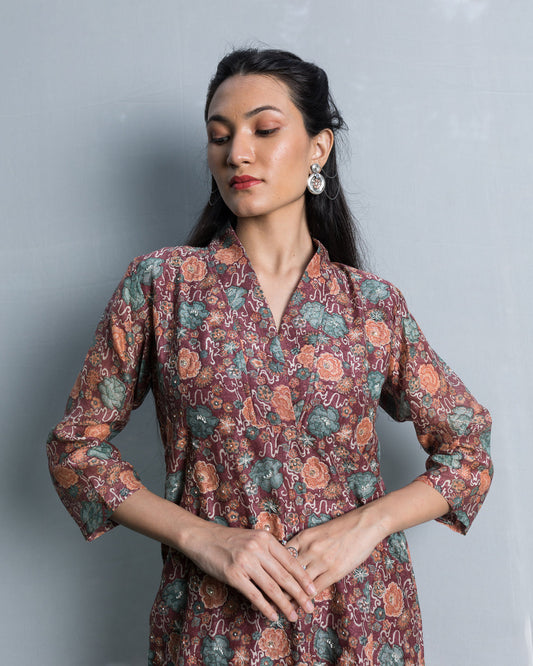 Floral Jaal Hand Block Printed Kurta Set - Wine (RTS)