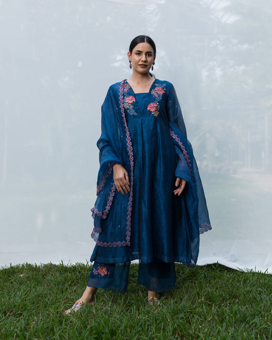Floral Neck Embroidery Kurta Set -  Deep Blue (RTS)