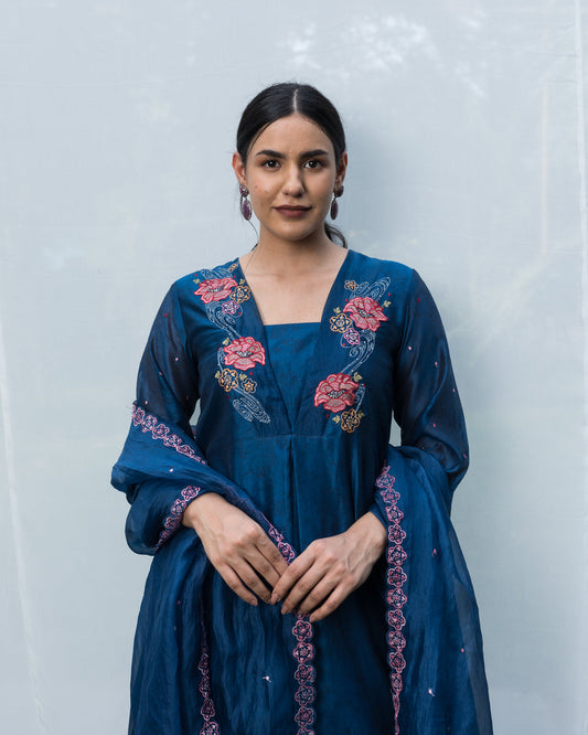 Floral Neck Embroidery Kurta Set -  Deep Blue (RTS)