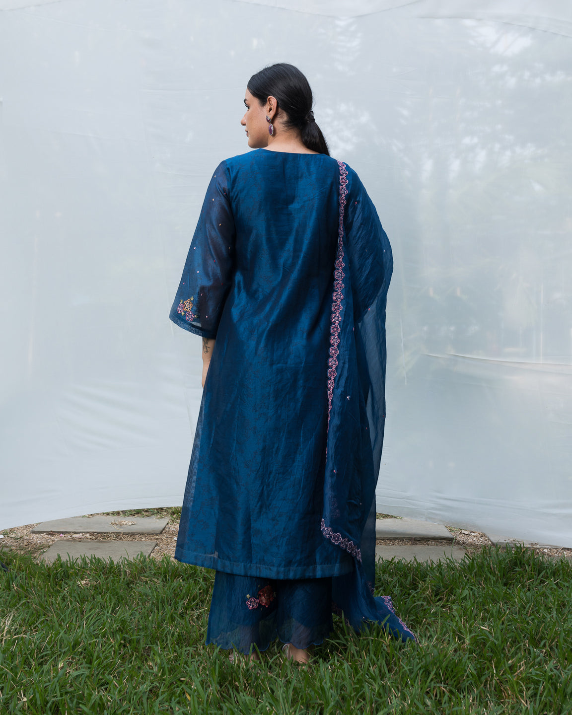 Floral Neck Embroidery Kurta Set -  Deep Blue (RTS)