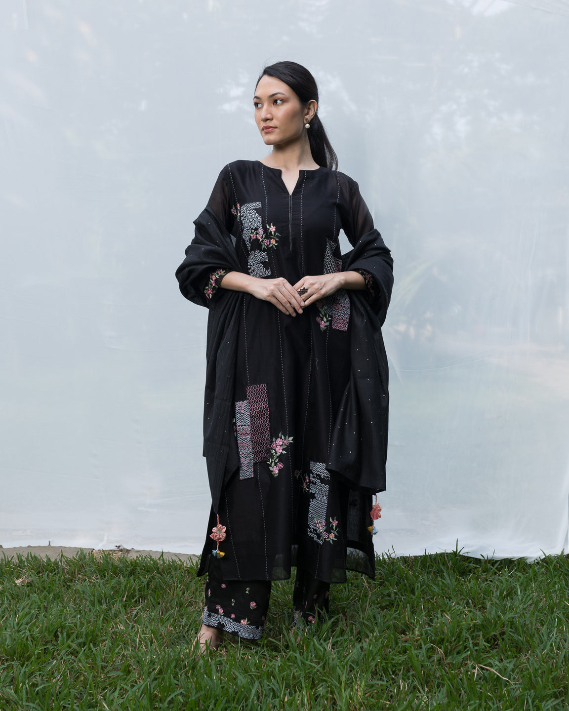 Patchwork Embroidery Kurta Set - Black (RTS)