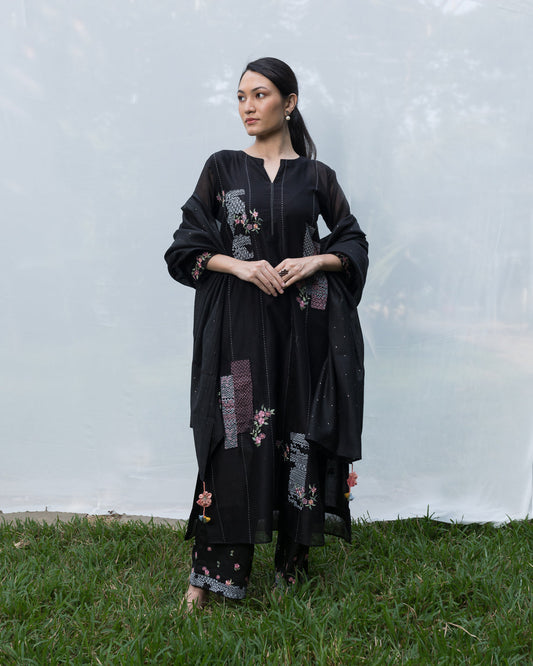 Patchwork Embroidery Kurta Set - Black (RTS)