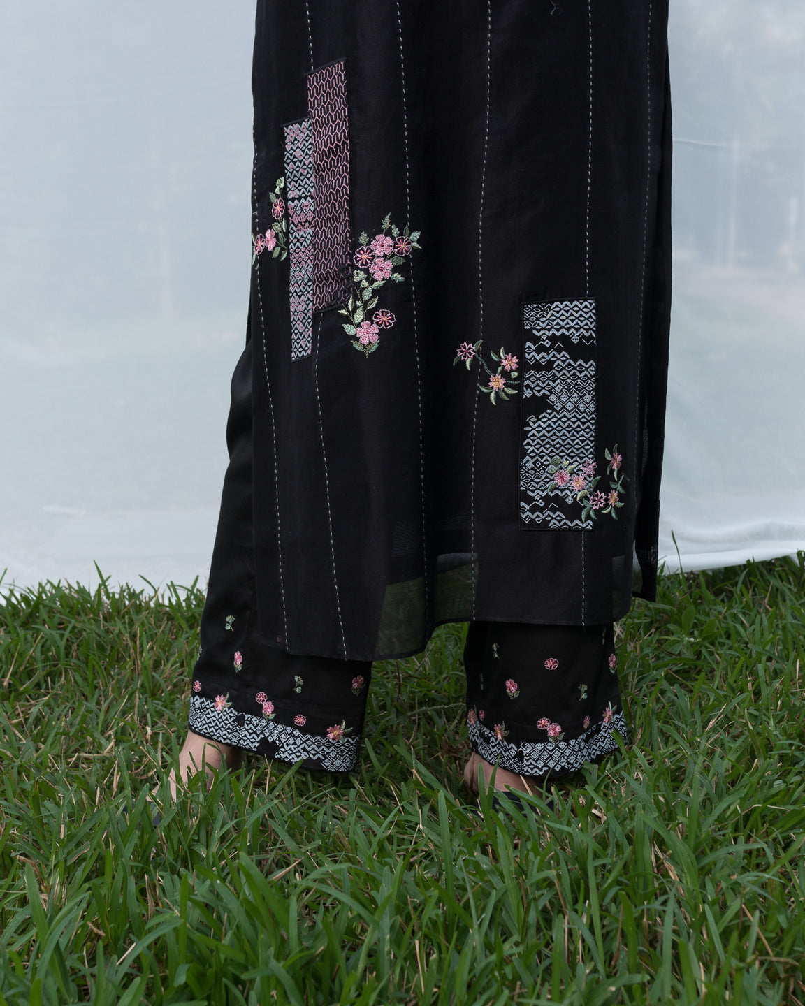 Patchwork Embroidery Kurta Set - Black (RTS)
