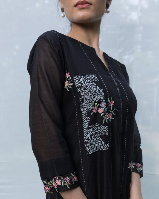 Patchwork Embroidery Kurta Set - Black (RTS)
