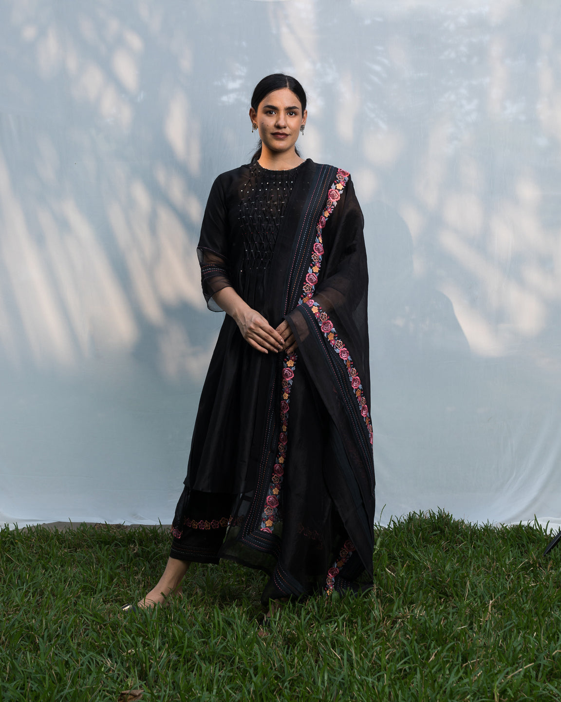 Smocking Embroidery Kurta Set - Black (RTS)