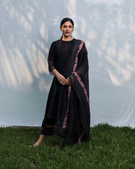 Smocking Embroidery Kurta Set - Black (RTS)