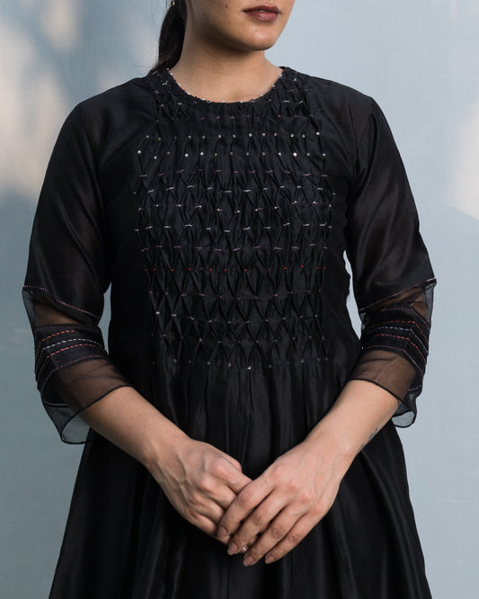 Smocking Embroidery Kurta Set - Black (RTS)