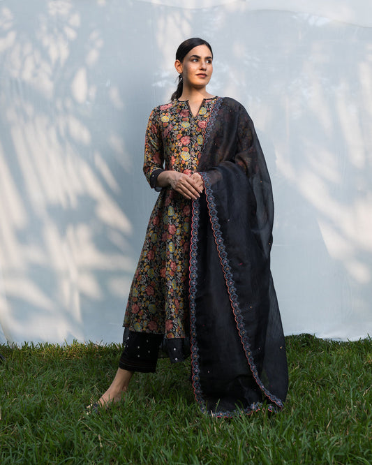 Floral Jaal Hand Block Printed Kurta Set - Black (RTS)