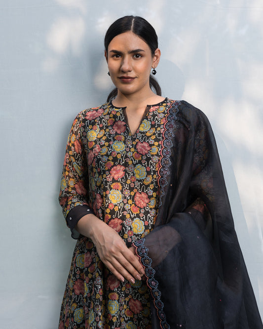 Floral Jaal Hand Block Printed Kurta Set - Black (RTS)
