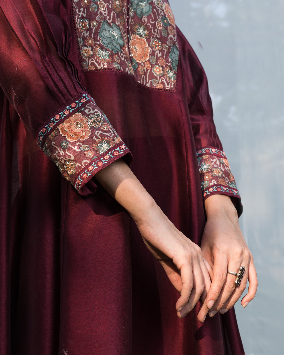 Hand Block Printed Yoke Embroidery Kurta Set - Wine (RTS)