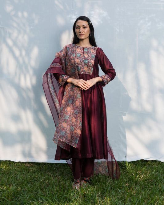 Hand Block Printed Yoke Embroidery Kurta Set - Wine (RTS)