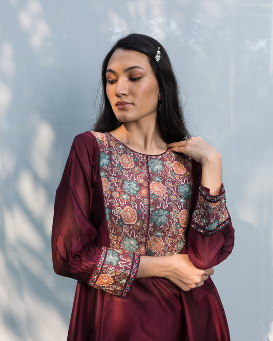 Hand Block Printed Yoke Embroidery Kurta Set - Wine (RTS)